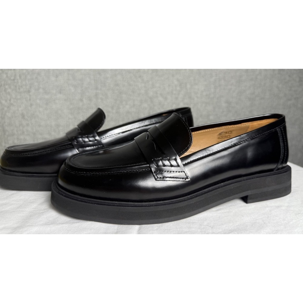 NWOB Flattered Sara Leather‎ Penny Loafers Black Chunky Heel Women's 37 6.5